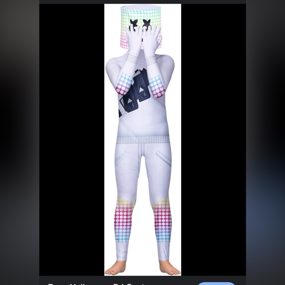 DJ Marshmallow boys costume pre loved mask and one piece as seen in Fortnite
